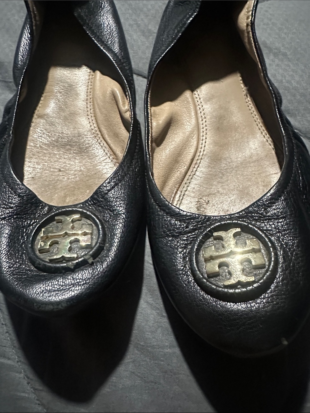 Tory Burch Black Leather Ballet Flats with Gold Logo Medallion